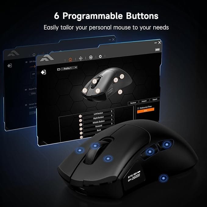 FFJ Wireless Gaming Mouse with Display, 57g Lightweight - 26K DPI Optical Sensor - 6 Programmable Buttons - 50 Hr Battery, Rechargeable, Tri-Mode 2.4G/USB-C/Bluetooth 5.1 for PC, Mac, Laptop - Black ﻿https://amzn.to/3yZq6xy